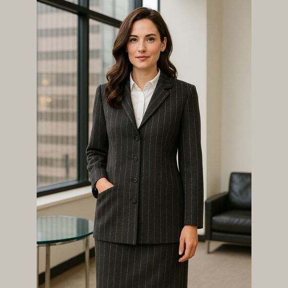 VTG Jaeger London Pinstripe Wool Skirt Suit Set Womens Sz 12 Timeless Menswear - Picture 1 of 16